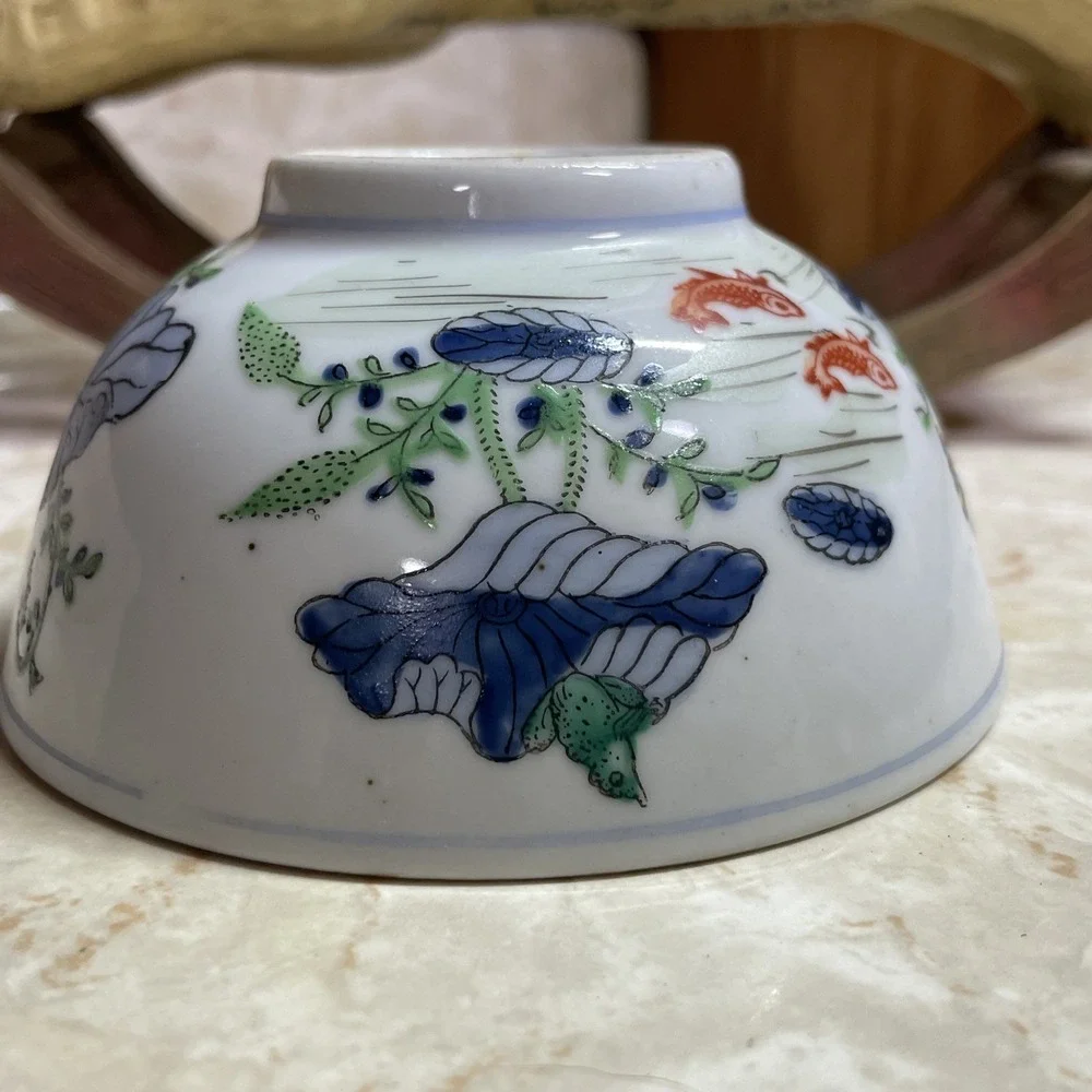 Vintage Chinese Koi Fish Ceramic Bowl - Fish Pond w/ Orange‎ Blue Flowers